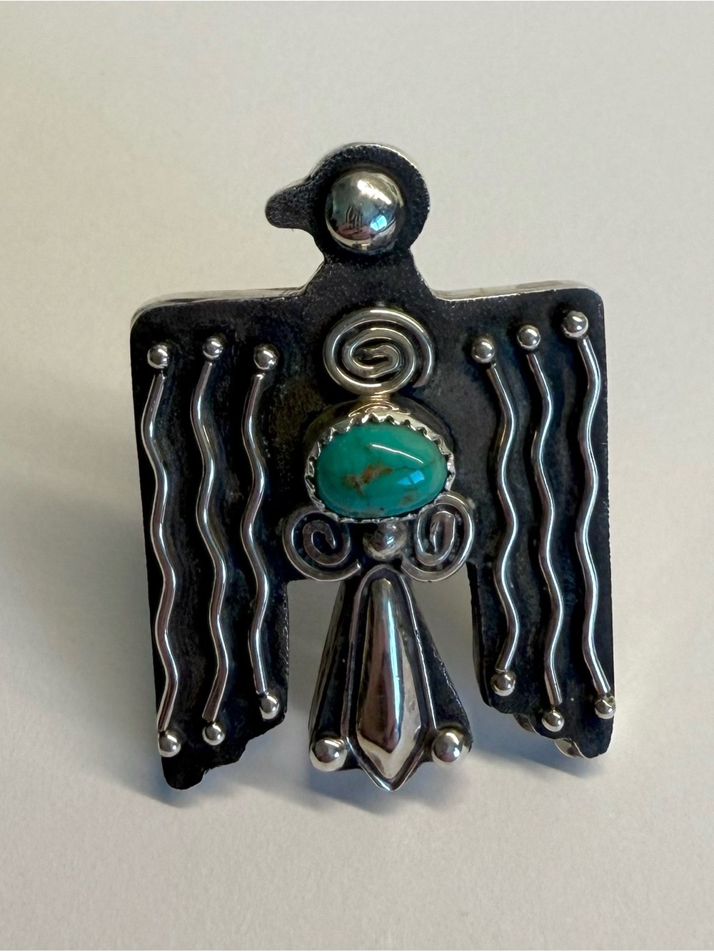 Signed Sterling Silver Turquoise Thunderbird Adjustable Ring Sz 7.5